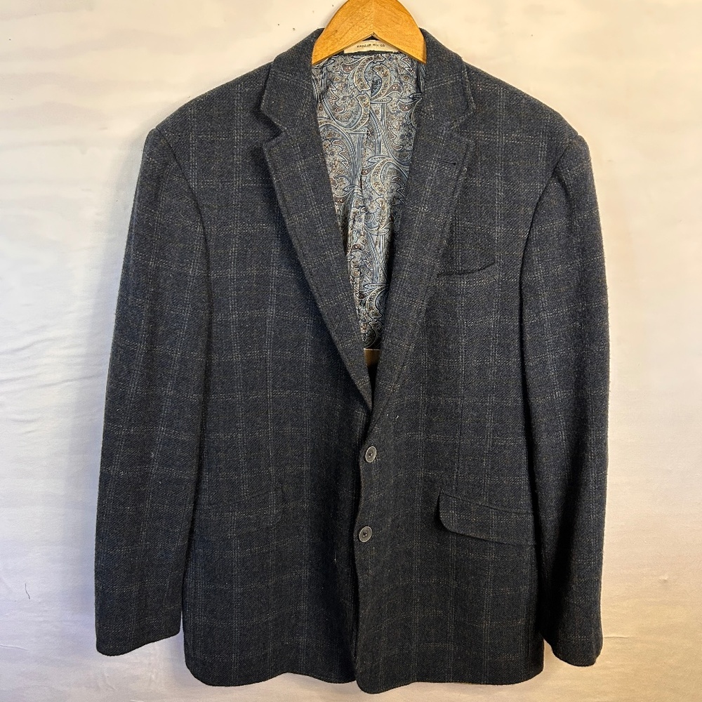 Joe Joseph Abboud Blazer Mens 46L Slim Plaid Wool Sport Coat Elbow Patch Jacket‎